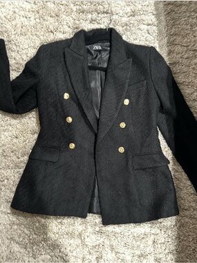 Zara Black Double-Breasted Blazer with Gold Buttons
